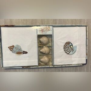Mud Pie Seaside Embroidered Guest Towels and Soap Dish Bathroom 5 Piece Set NIB